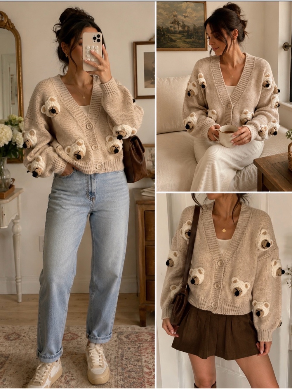 Chunky Teddy Bear Debut Beige Cropped Cardigan Appliqué V-Neck Animal Kawaii S